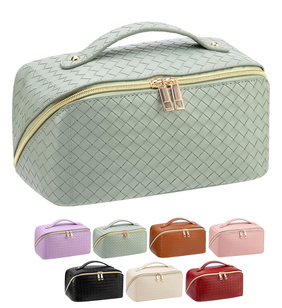 Spacious Travel Cosmetic Bag for Women - Portable Open Toiletry Makeup Organizer