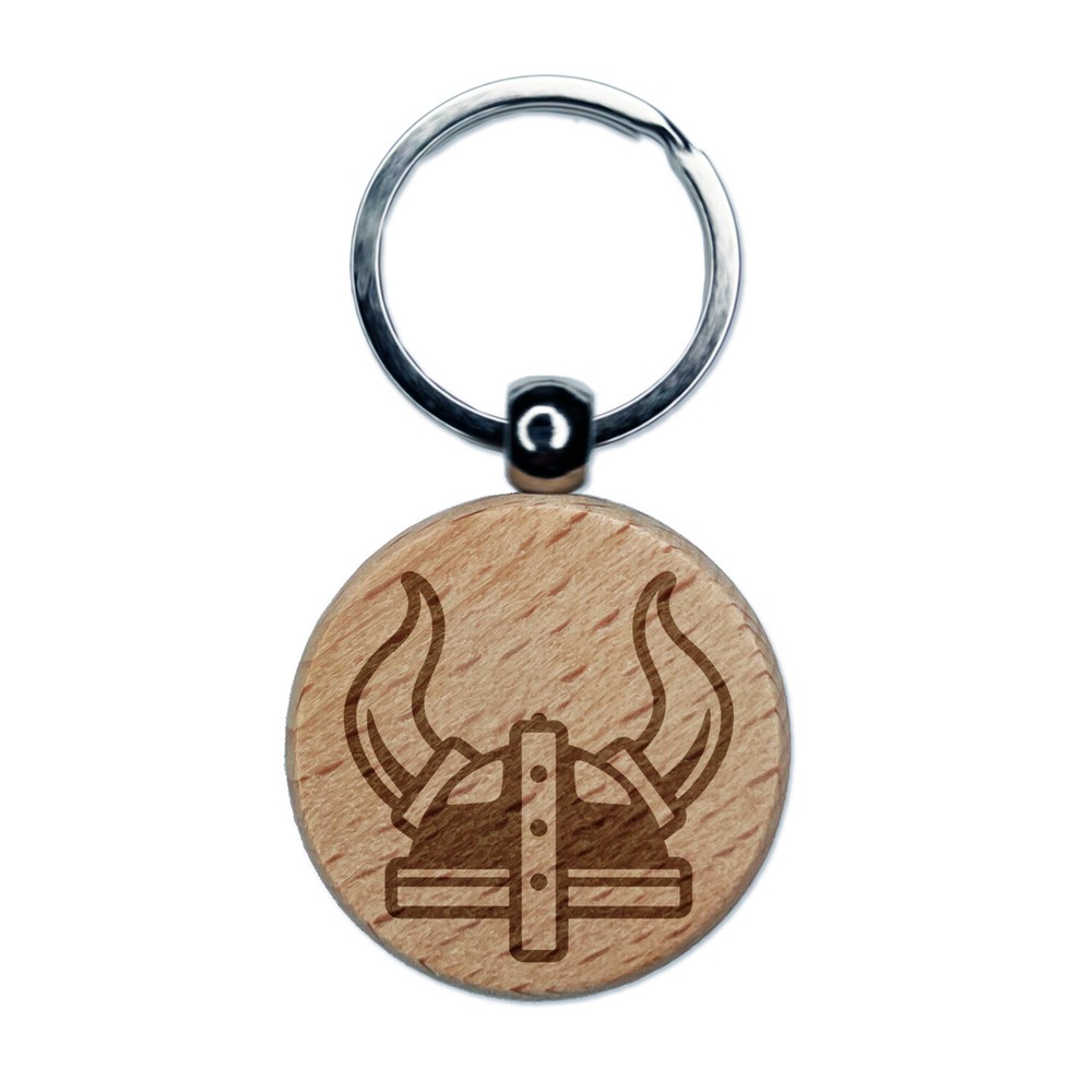 Viking Horned Helmet Engraved Wood Round Keychain Tag Charm