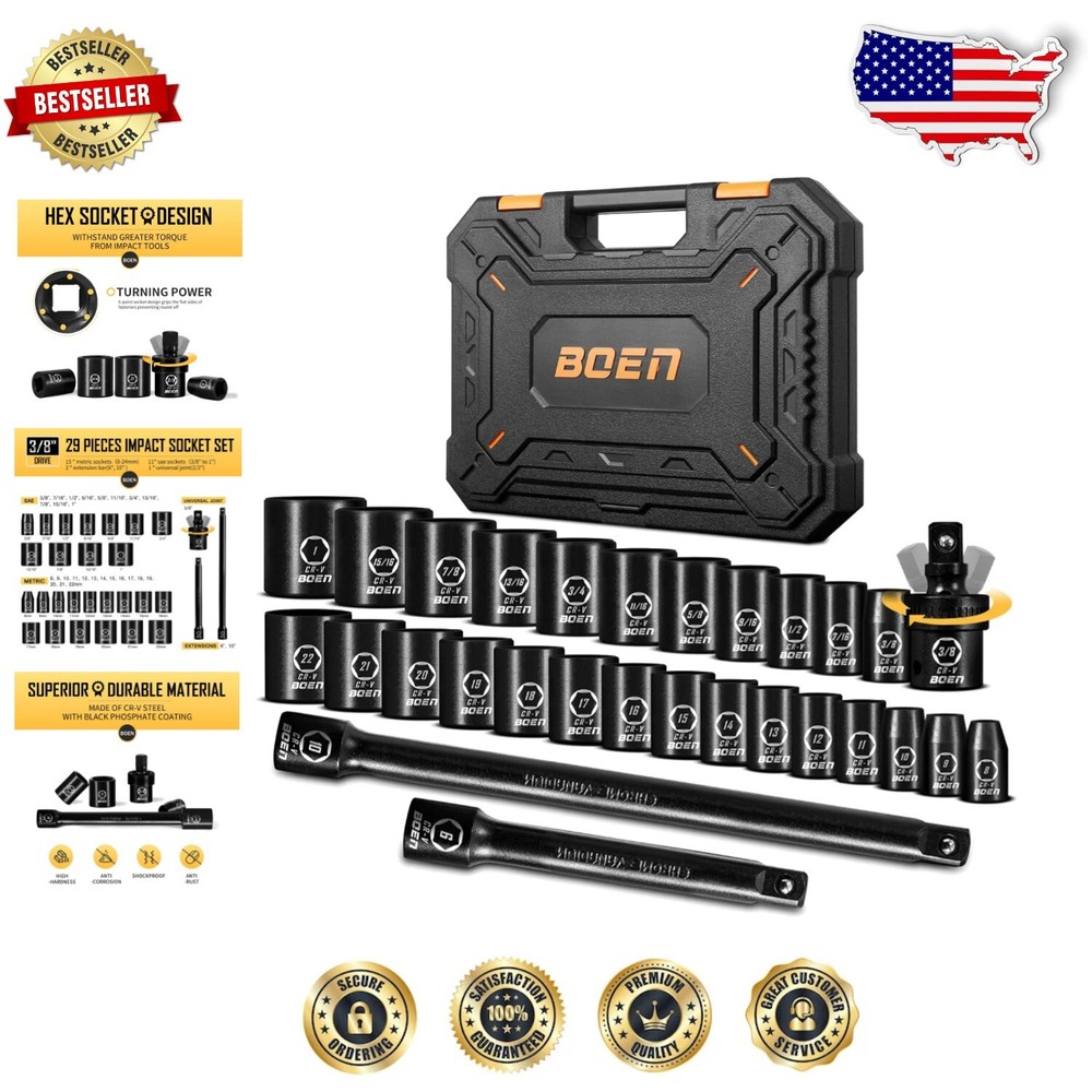 29-Piece Impact Socket Set | SAE and Metric | Durable Cr-V Steel, Portable Case