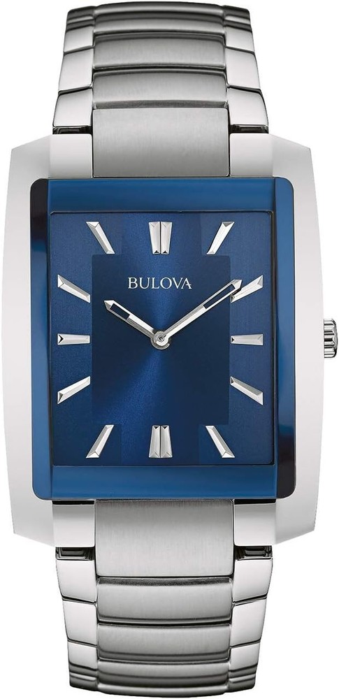 Bulova 96A169 Blue Dial Stainless Steel Silver Tone Mens Rectangle Watch