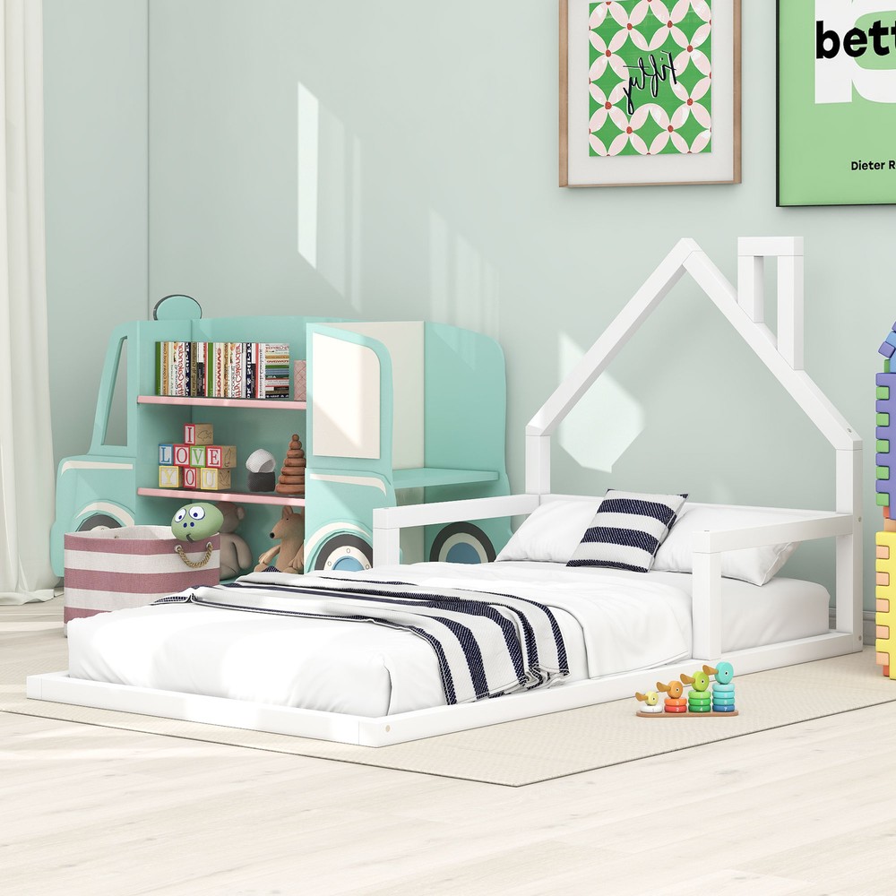 Twin Wood Floor Bed with House-Shaped White Headboard