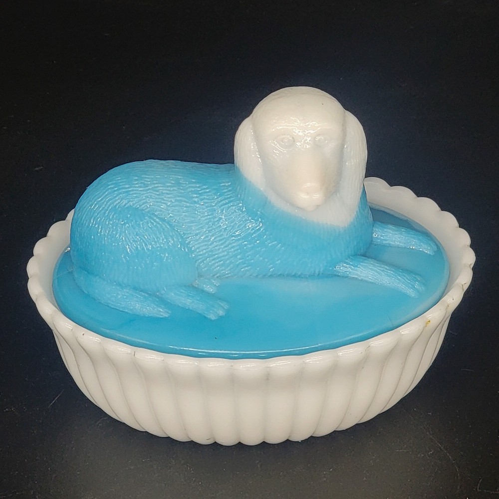 VTG Westmoreland Blue Milk Glass Dog Puppy Ribbed Covered Dish 5 Inch