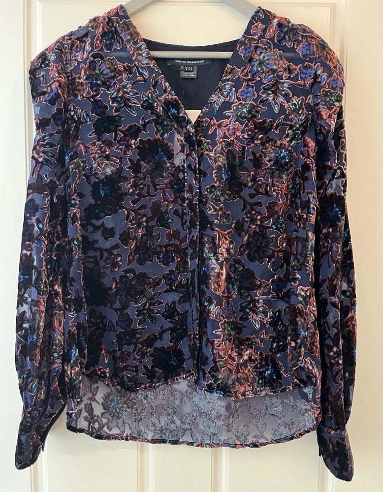 French Connection Top Blouse Sz 6 Multicolor Long Sleeve Hayden Burnout Velvet