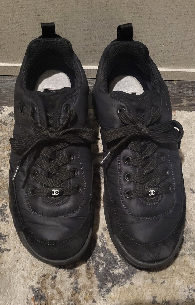 Chanel 21S G38035 black leather nylon sneakers in size 9