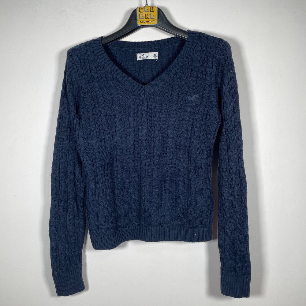 Hollister Cotton Pullover With Woven Pattern V-Neck For Women Blue Size M