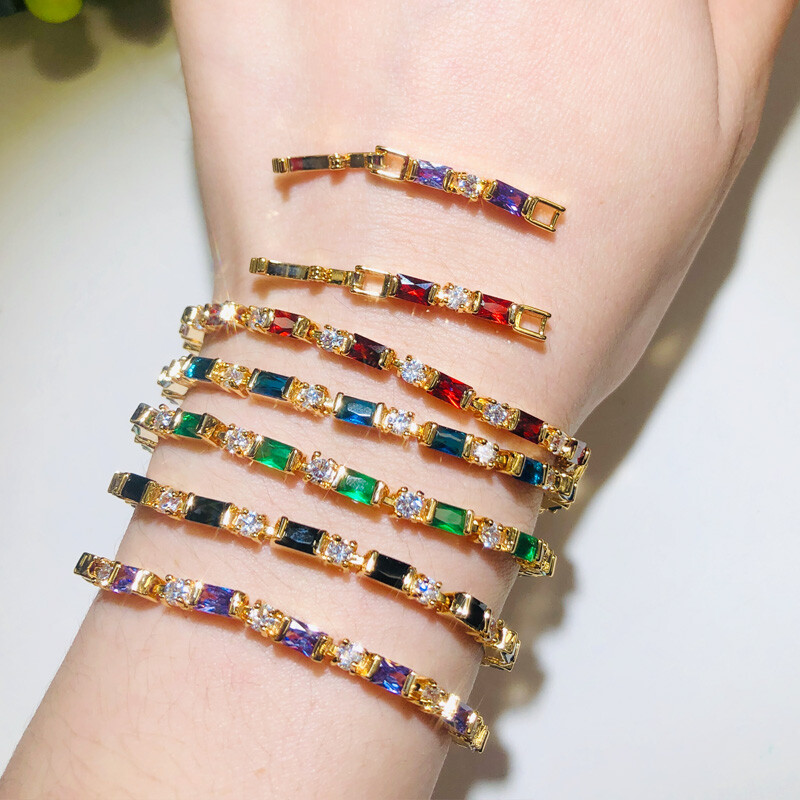 Lovely Yellow Gold Plated Cubic Zirconia Red Baguette Tennis Chain Link Bracelet