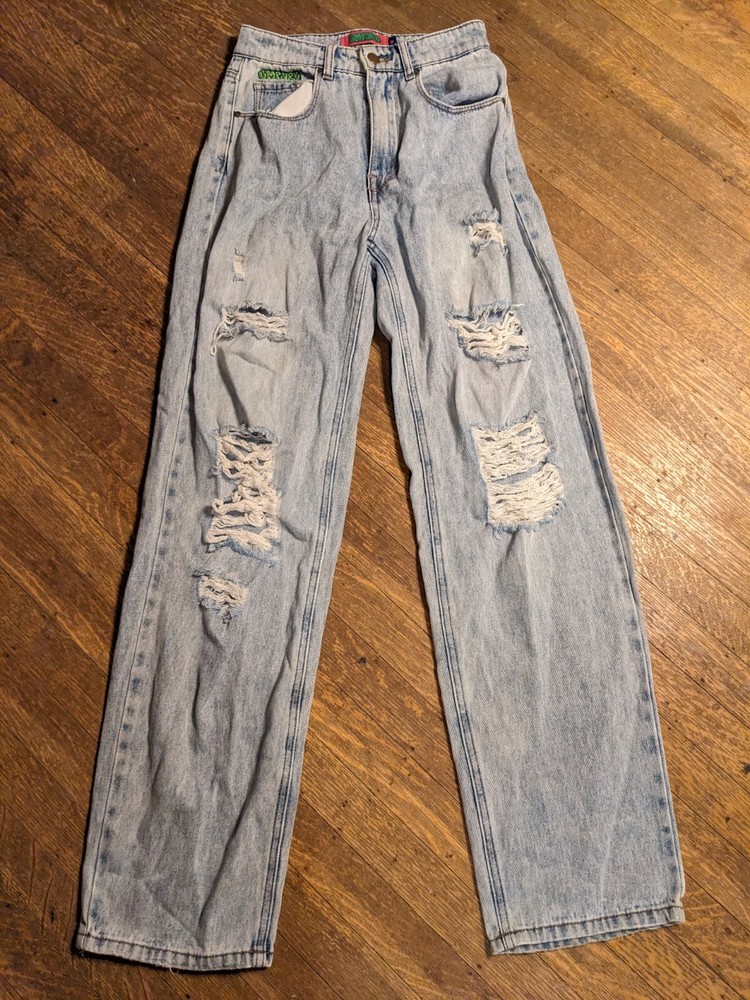 Empyre Tori Baggy Skate Jeans Size 0 / 24x30 Blue Light Stone High Rise Distress