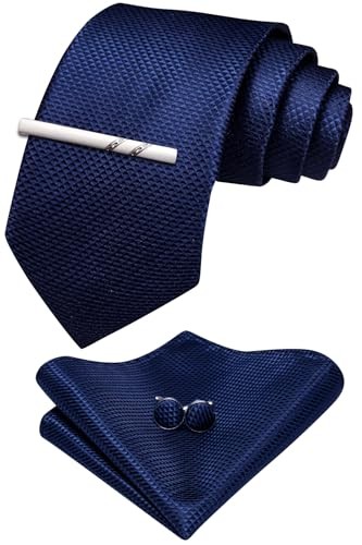 Extra Long Solid Plaid Silk Necktie for Men with Tie Clip in Dark Blue