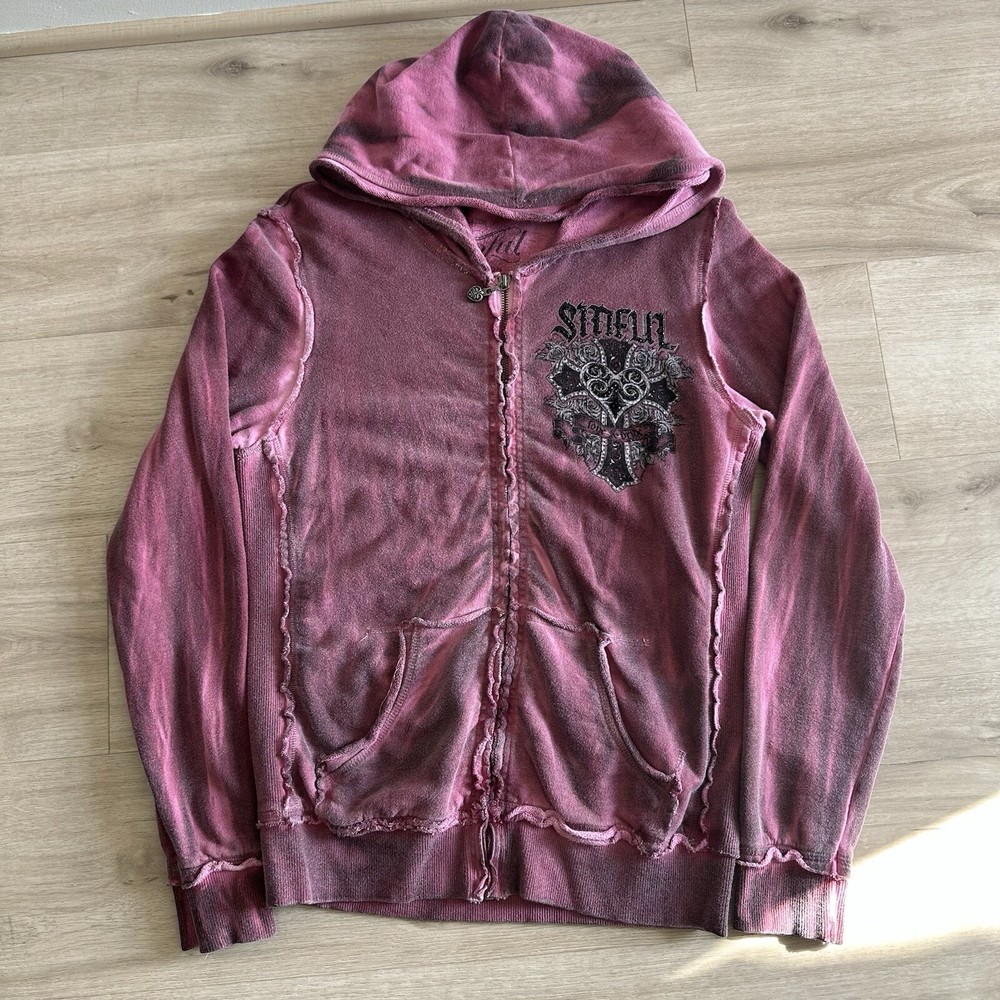 Y2K Affliction SINFUL Pink Zip Up Jacket Women Large