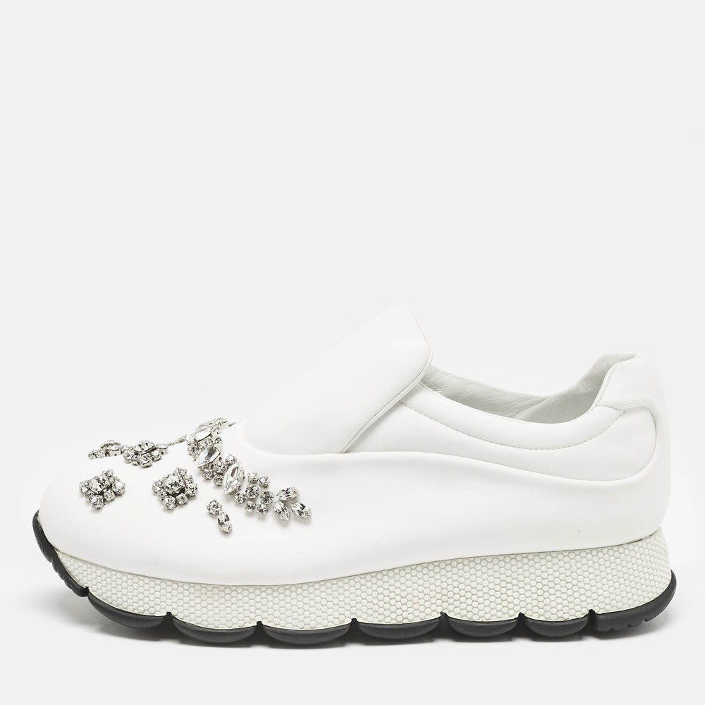 Prada White Crystal Embellished Nylon Slip-On Sneakers Size 38.5