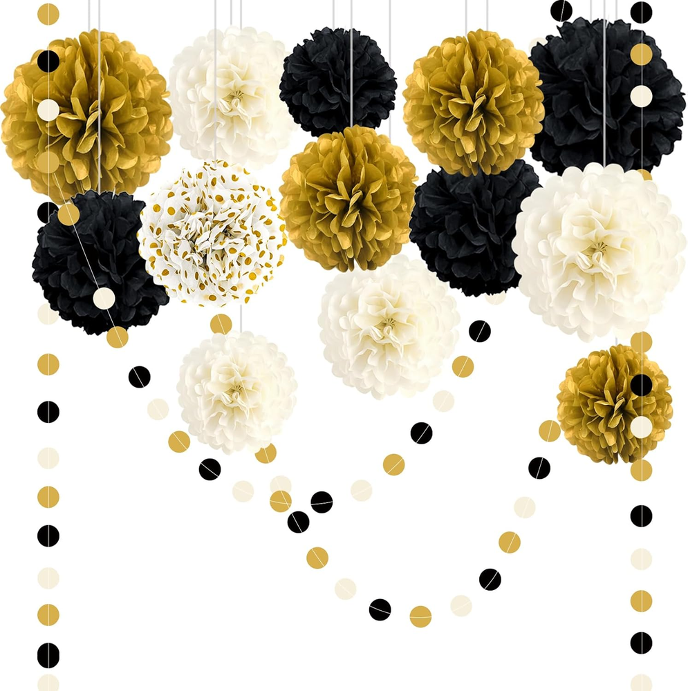 Black and Gold Party Decorations, 16 PCS Tissue Paper Pom Poms Dots Paper Garlan