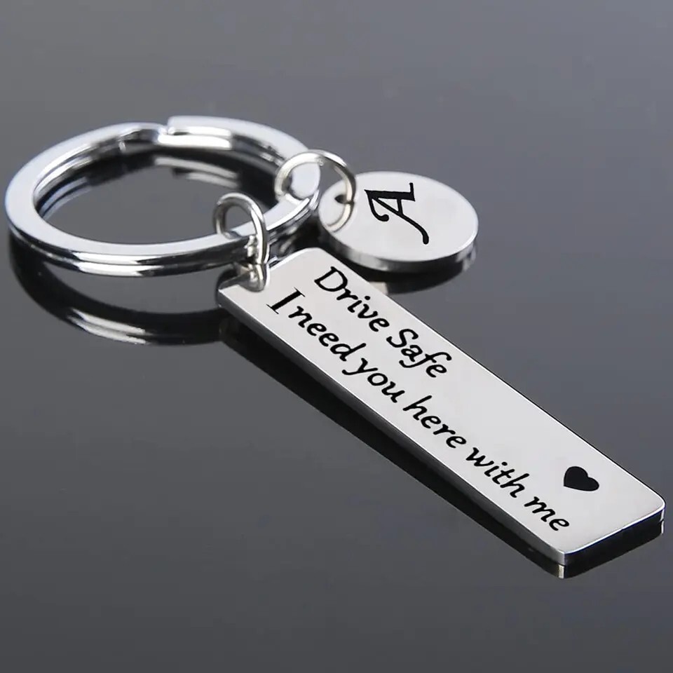 Drive Safe Keychains A-Z Initials Letters Men Women Stainless Steel Key Chain