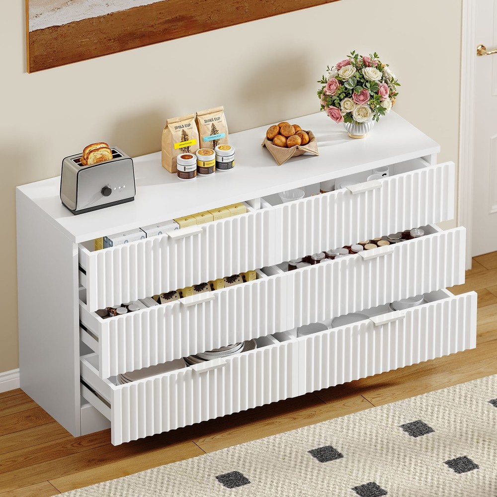 6-Drawer Fluted Panel Dresser TV Stand Cabinet in White