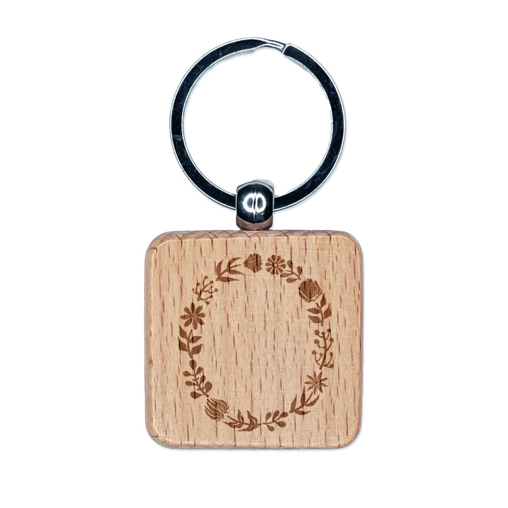 Elegant Botanical Floral Engraved Wooden Letter O Keychain Charm Tag  