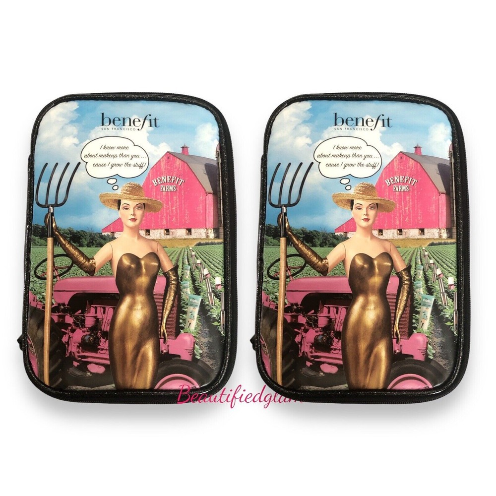 2-PC Benefit Cosmetics Black Farm Makeup Bag, NEW FREE SHIPPING