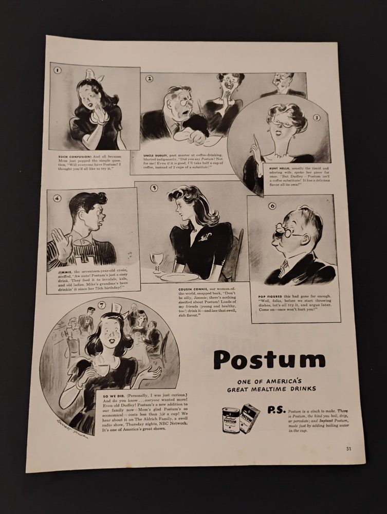 1940s Vintage Print Ad Potsum Mealtime Drink Comic Strip NBC Show Retro Wall Art