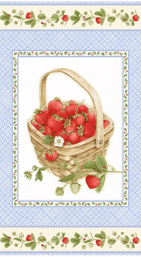 23-Inch Strawberry Garden Blue Fabric Panel by Henry Glass