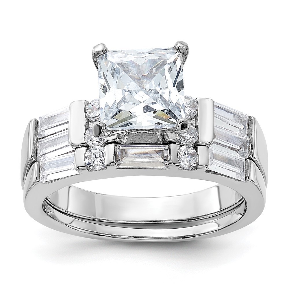 Sterling Silver Cubic Zirconia Engagement Ring and Wedding Band Two Piece Set