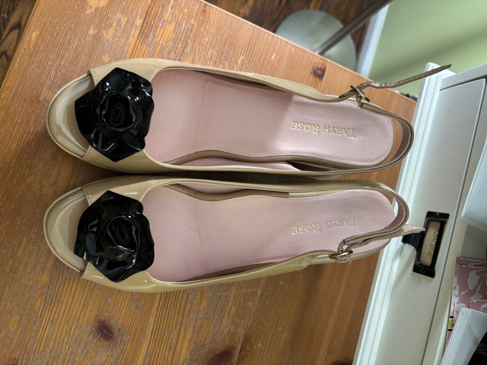 Taryn Rose nude wedge size 9.5 with black floral peek-a-boo toe