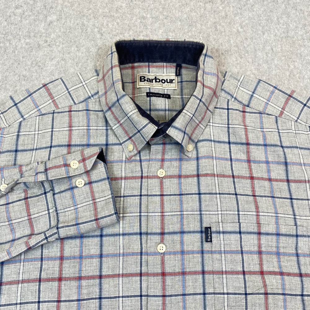 Barbour Shirt Adult Medium Gray Plaid Long Sleeve Button Down Casual Pocket Mens