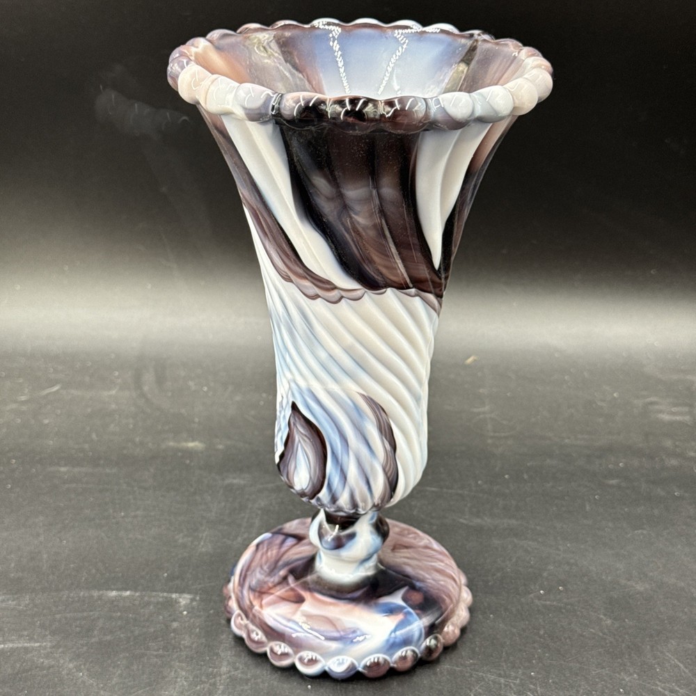 Vintage Westmoreland Amethyst Slag Glass Vase Heavy Purple White 9 Inch
