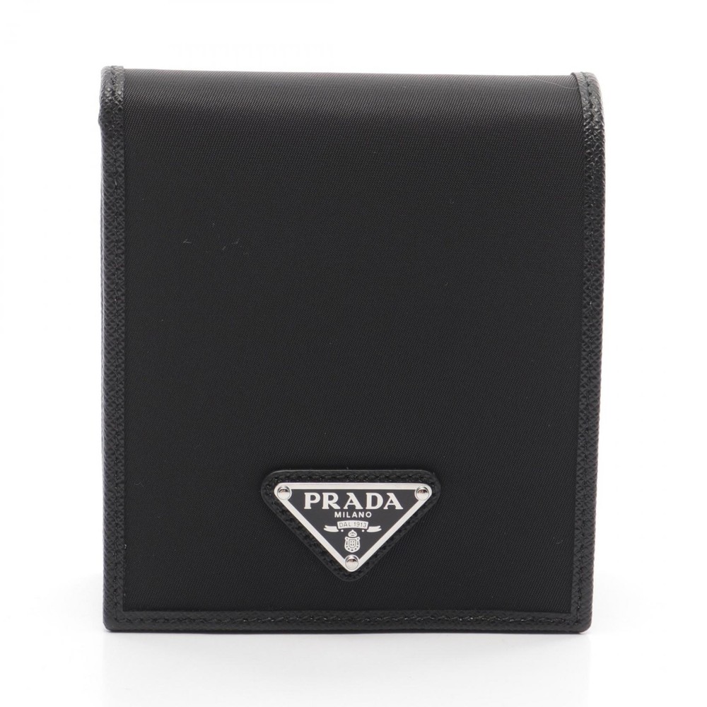 Prada Tessuto Saffiano Bi-fold Nylon Leather Compact Wallet Black