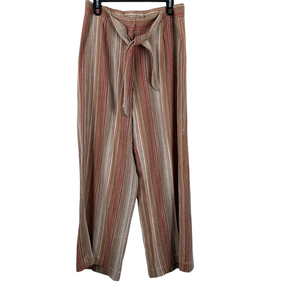 RQT Women’s 70’s Style Linen Blend Wide Leg Tie Waist Striped Pants - Size Large