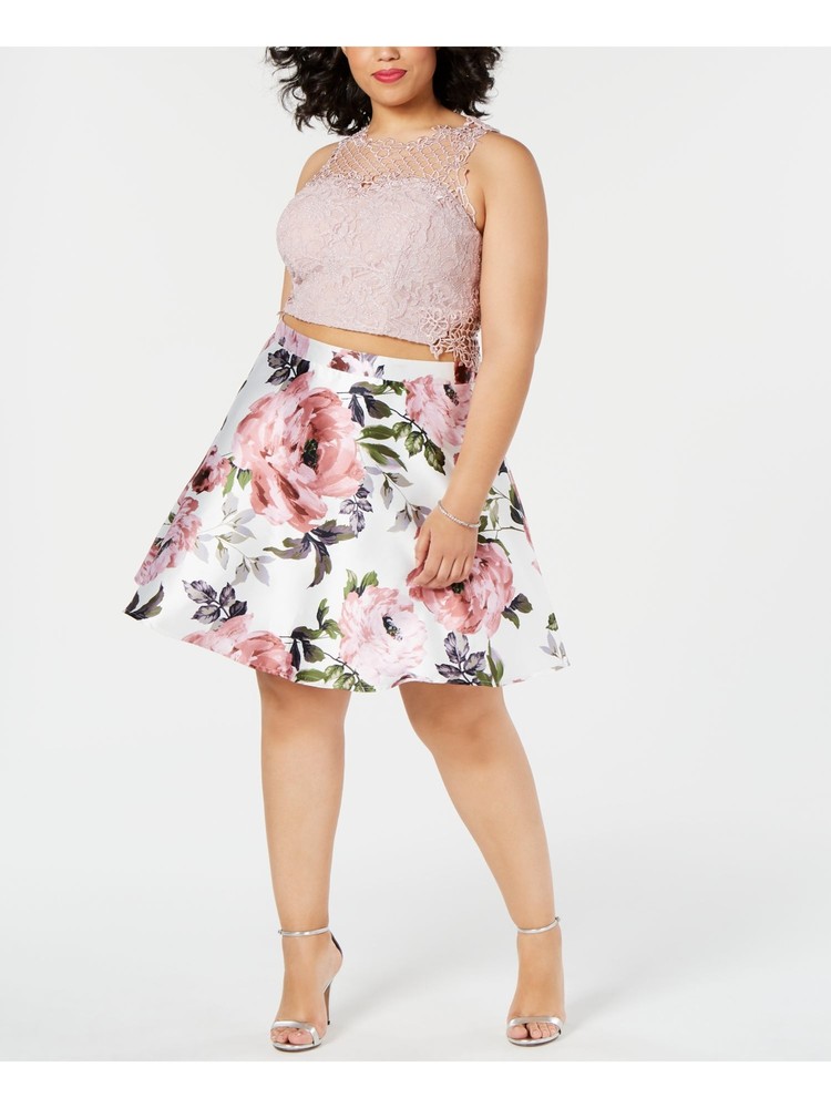 CITY STUDIO Womens Pink Floral Sleeveless Illusion Neckline Top Plus 14W