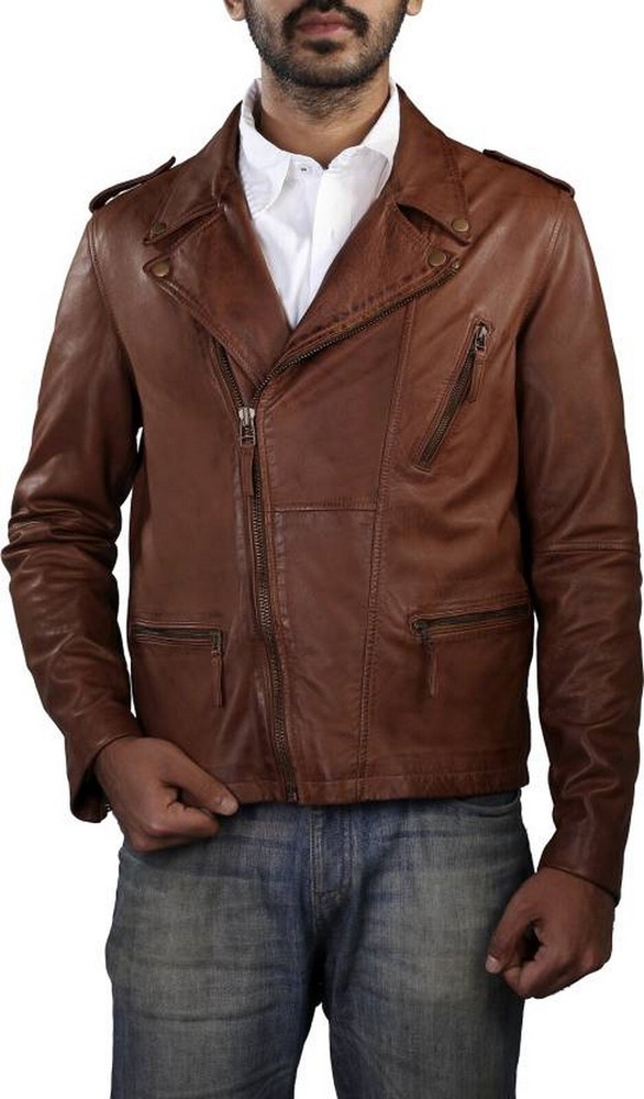 Stylish Men's Biker Jacket in Real Satin Brown Leather