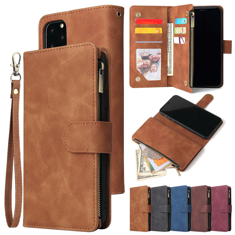 Flip Zipper Leather Wallet Case For iPhone 16 15 Pro Max 14 Pro 13 12 11 XR XS 8