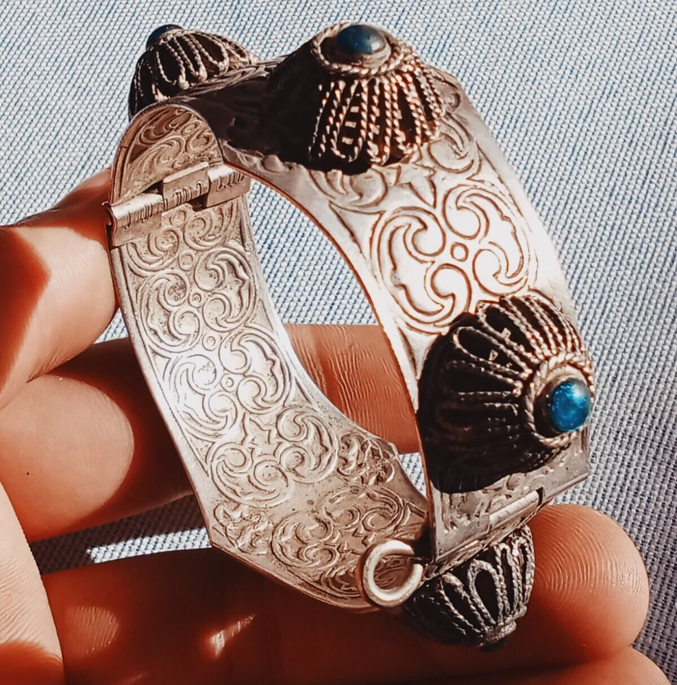 ANCIENT VINTAGE BRACELET CUFF VICTORIAN STERLING SILVER BLU CARNELIAN ADJUSTABLE