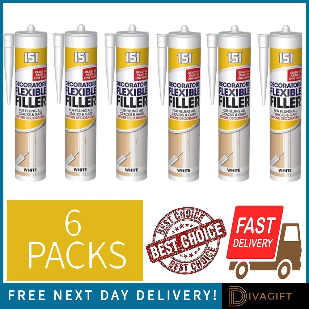 6 x WHITE DECORATORS FLEXIBLE FILLER 280ML FOR FILLING ACRYLIC CRACKS & GAPS NEW