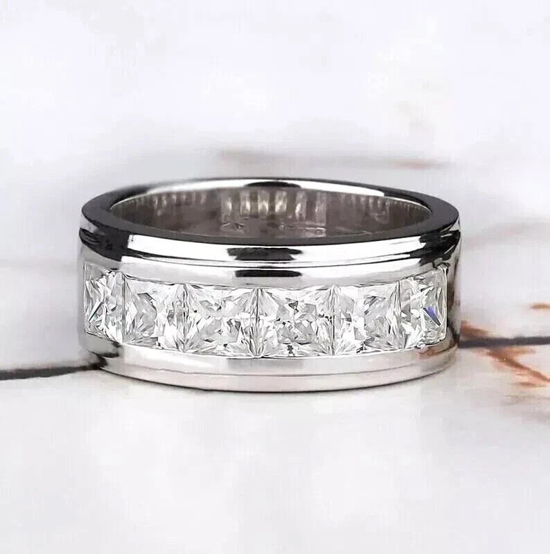 4CT Princess Cut VVS1/D Moissanaite Engagement BAND Ring 14K White Gold Plated