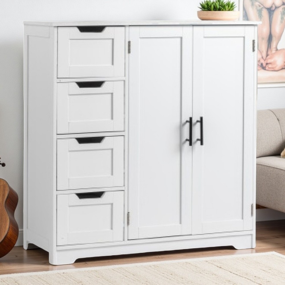 Drawer Storage Cabinet - White, MDF, 4-Drawer, 3 Shelves Storage & Large Storage
