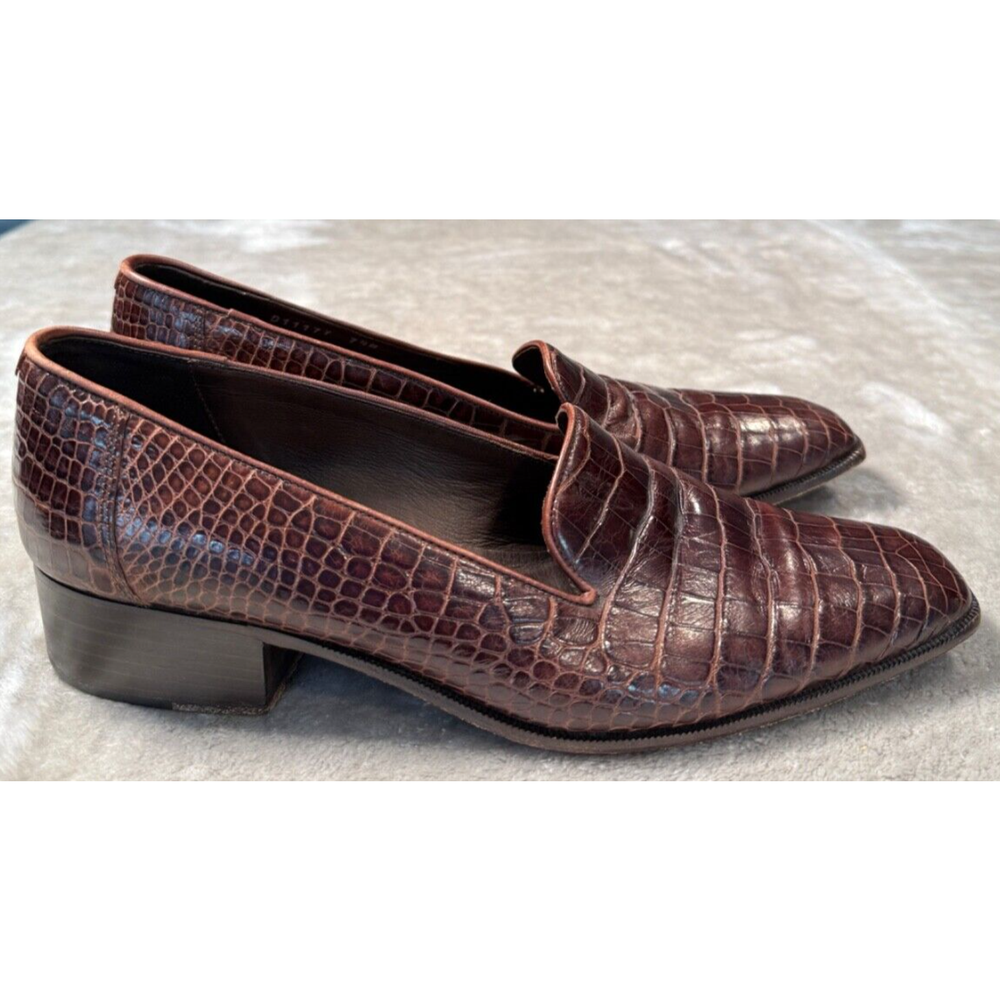 Cole Haan Vintage Brown Leather Croc Embossed Loafers Size 7.5 B Square Toe Heel