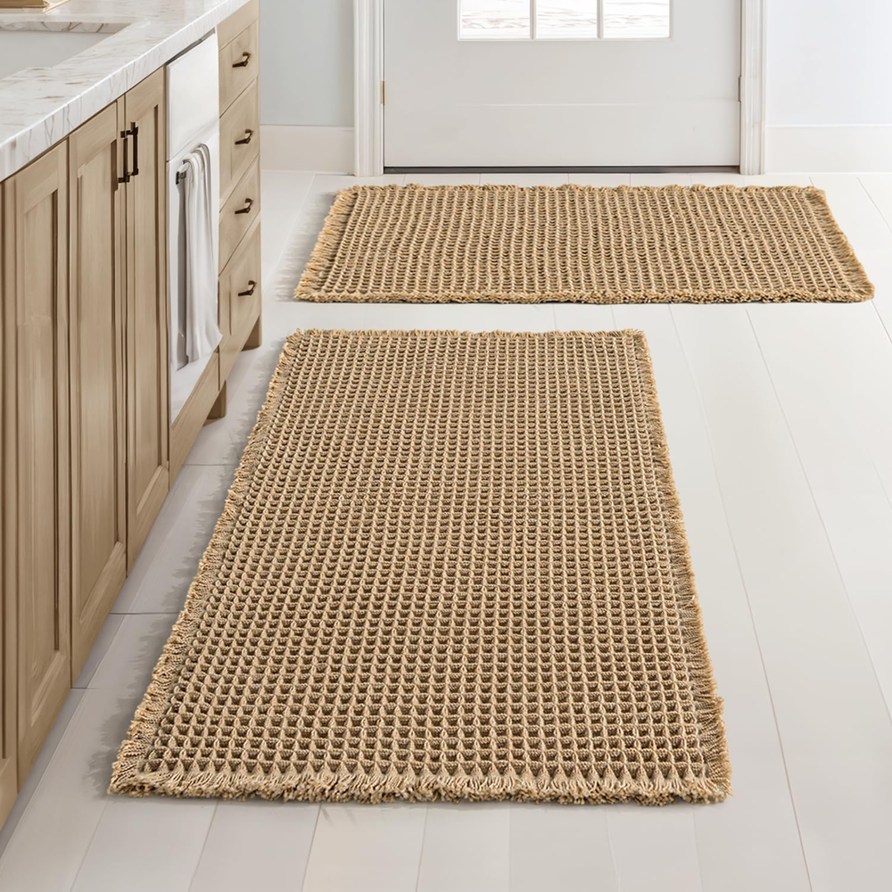 2PCS Waffle Bathroom Rugs, Boho Bath Rugs Non Slip Washable, Brown, 18X30 Inch