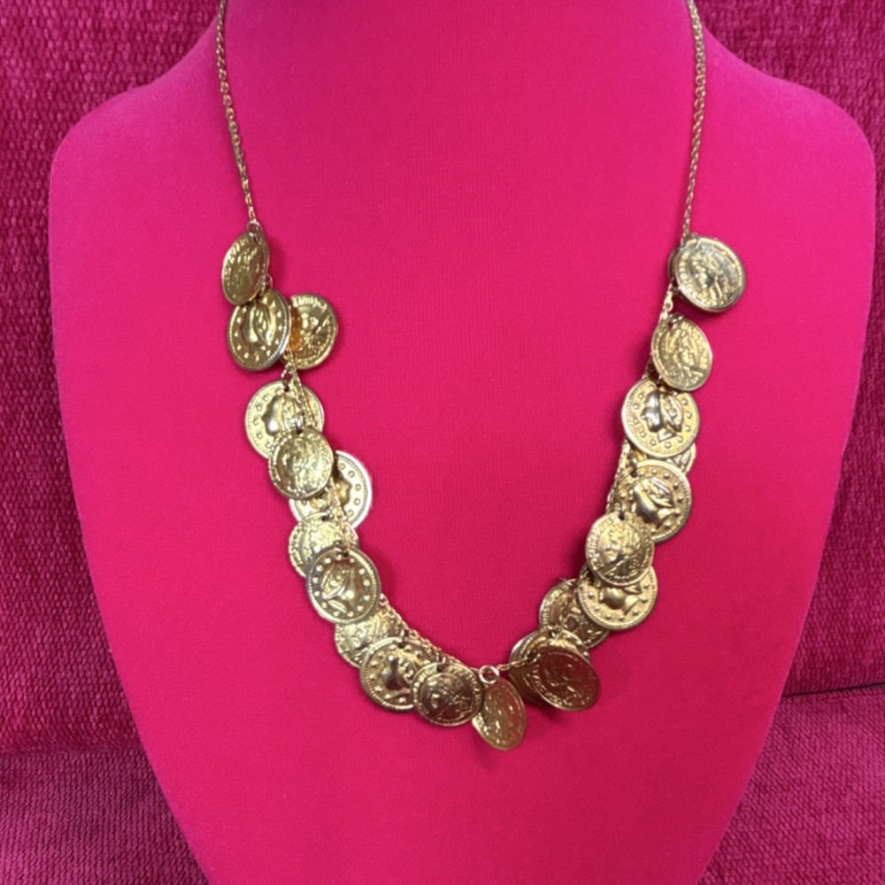 Gold Tone Coin Statement Pendant Necklace Metal Round Fashion Jewelry