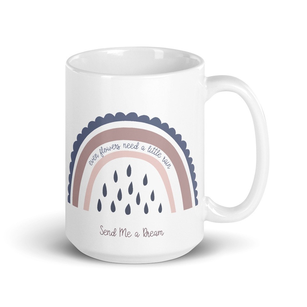 Rainbow Ceramic Deluxe Oversized White Coffee Mug - Even Flowers Need Rain Design  