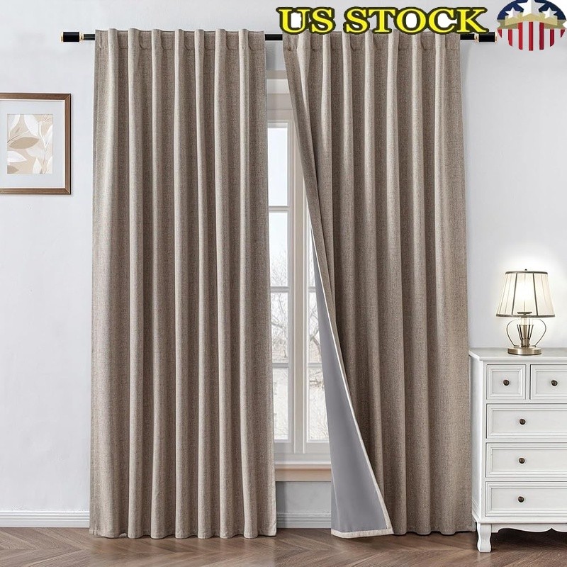 Blackout Faux Linen Curtains Thermal Insulation Easy Care Rod Pocket Back Tab US