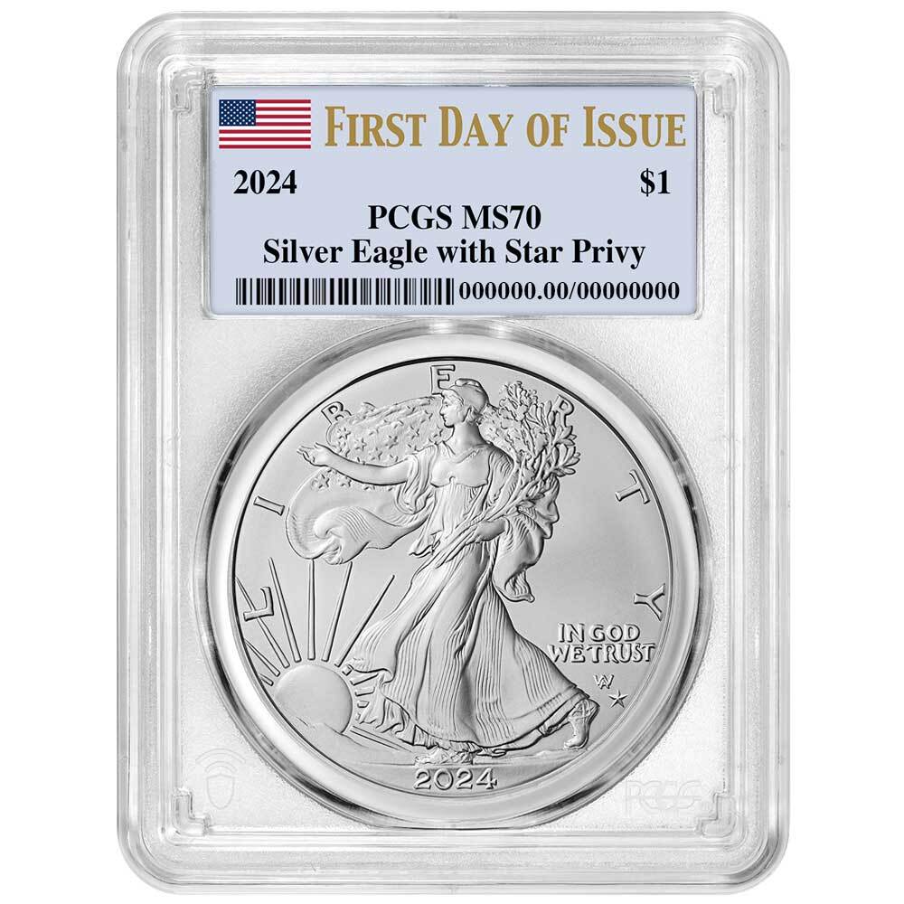 Presale - 2024 (P) $1 1-oz American Silver Eagle Star Privy PCGS MS70 FDOI Fl...-image