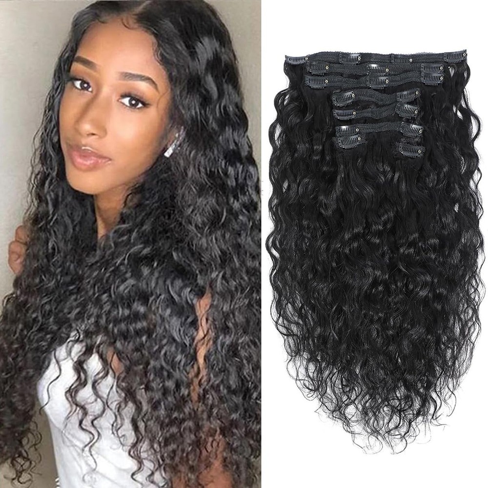 Water Wave Clip in Hair Extensions Human Curly Hair Natural Black 1B Double W...