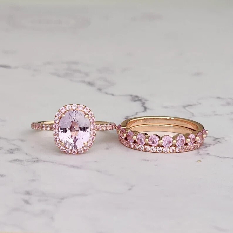 Oval Cut Simulated Pink Sapphire Halo Bridal Set Band Ring 14k Rose Gold Plated