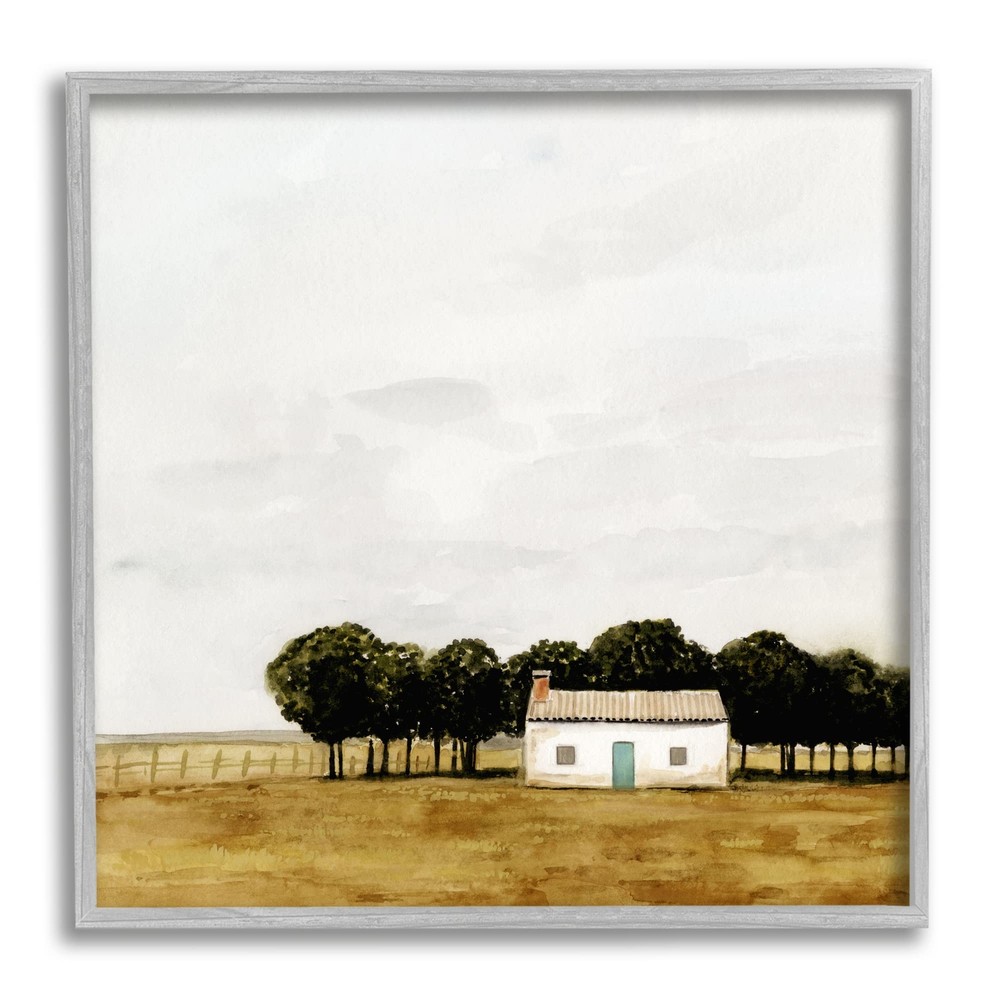 Rural Fenced Shack Minimalistic Rainy Countryside Trees Grassland, Design by ...