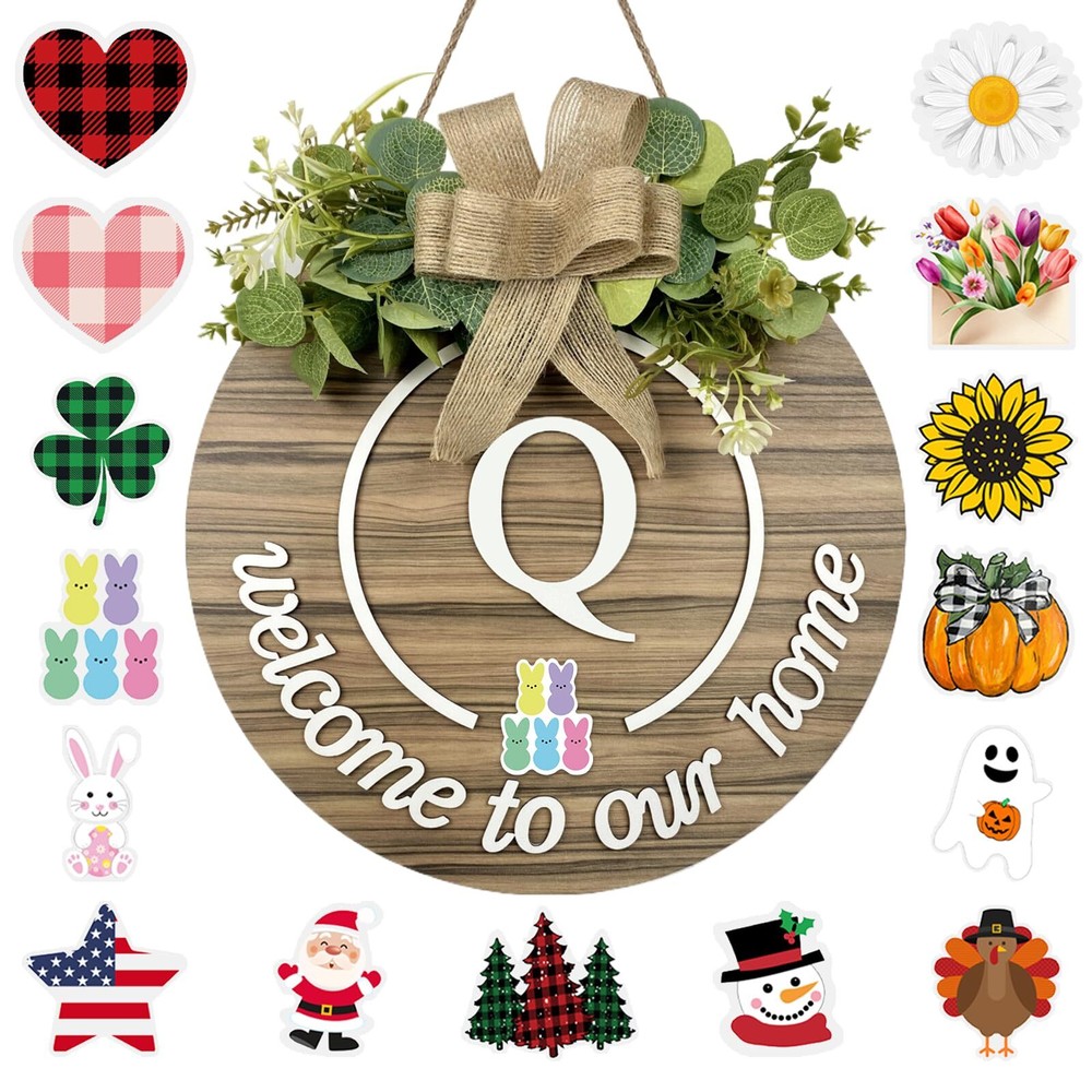 Seasonal Monogram Letter Q Welcome Sign - Front Door Wood Decor-image