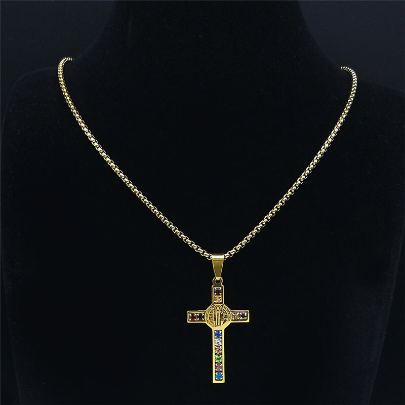 Men's Stainless Steel Rhinestone Cross Pendant Necklace - Bulk Wholesale