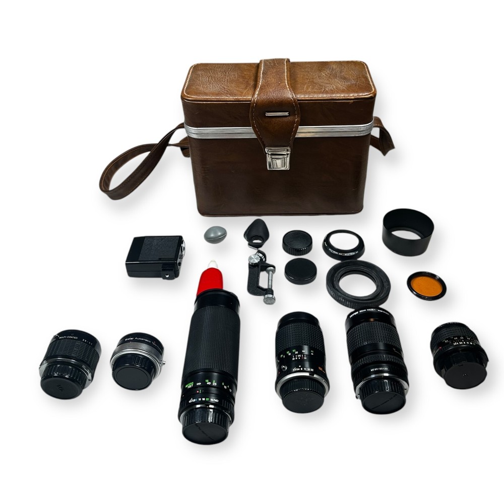 Vintage Camera Lenses Lot with Kalimar Rokkor Cosina Vivitar Sigma & Leather Case