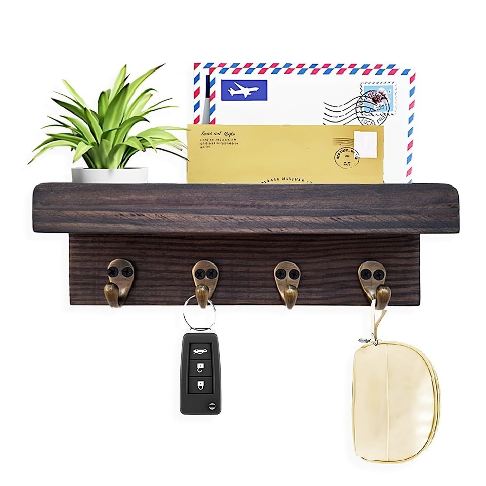 Rustic Key Holder, Farmhouse Shelf with 4 Hooks, Wall Mounted Key Racks, Wood...