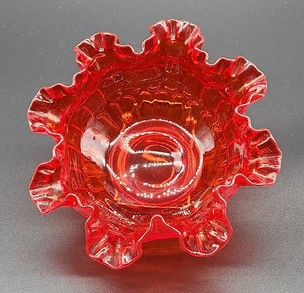 Vtg Fenton Orange Thumbprint Glass Bowl Ruffled Rim Cadmium GLOW 8