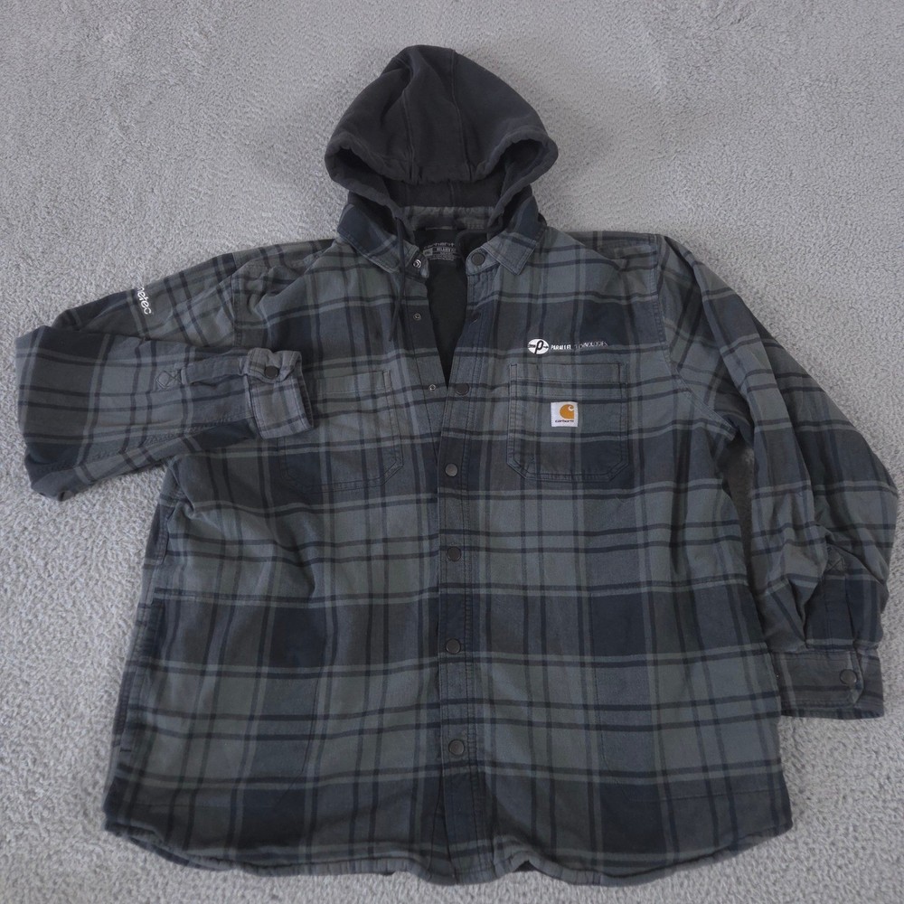 Carhartt Jacket Men 2XL Grey Rugged Flex Flannel Fleece Lined Hooded Plaid Shirt
