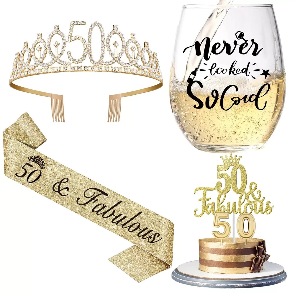 50th Birthday Gift Set for Women with Wine Glass Crown Sash